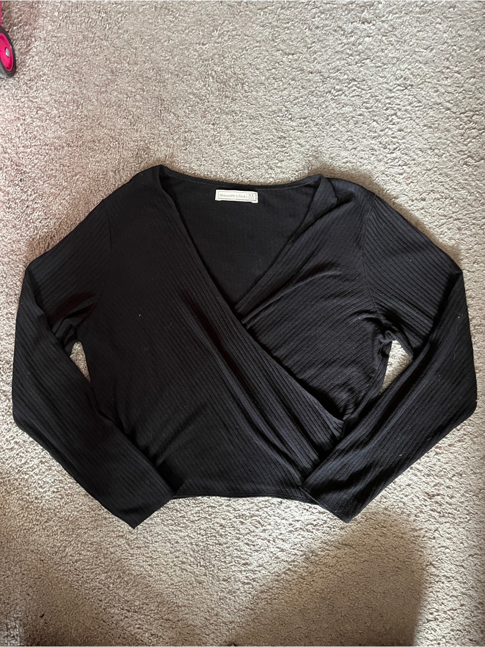 Black Ribbed A&B Wrap-Front Long Sleeve Top